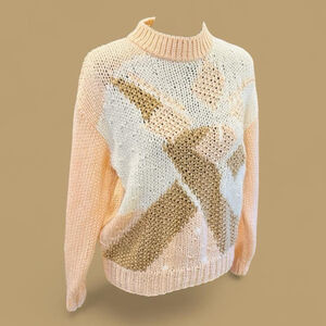 90s Cristina Sweater Large Abstract Geometric Knit Peach Pink Tan Korea Acrylic